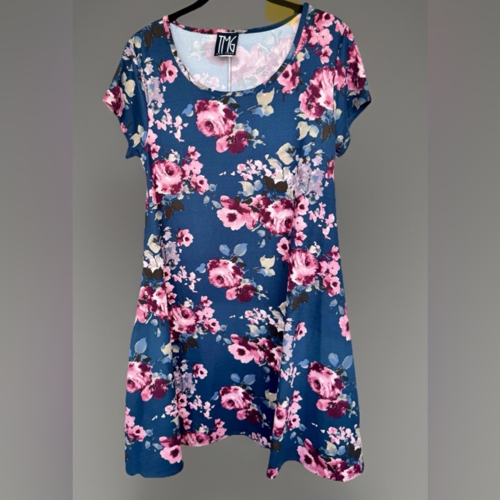 TMG New York Womens Dress Blue Pink Floral Short Sleeve Scoop Neck Stretch Large